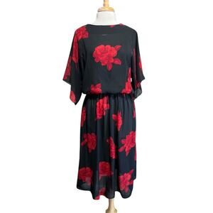 Vintage 80s Starlo Dress Womens L/XL Sheer Black Red Rose Blouson Whimsy Cottage